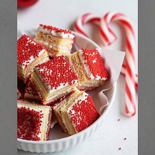 Festive Cake Squares with Red Sprinkles and Candy Canes