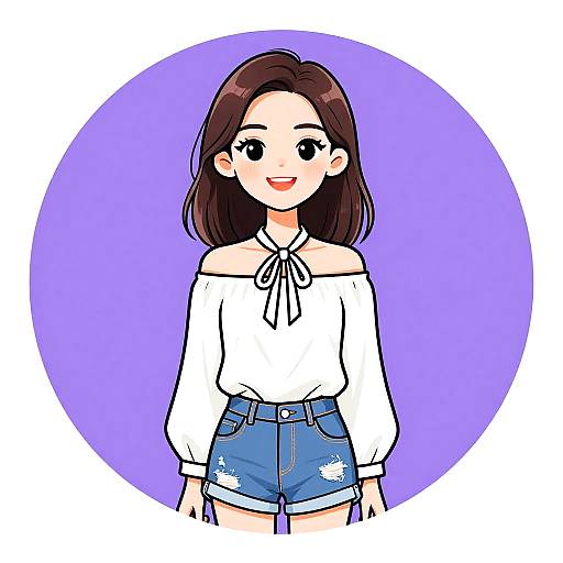 Digital anime-style drawing of a smiling young woman with brown hair, wearing an off-shoulder white blouse and blue denim shorts, against a purple circular