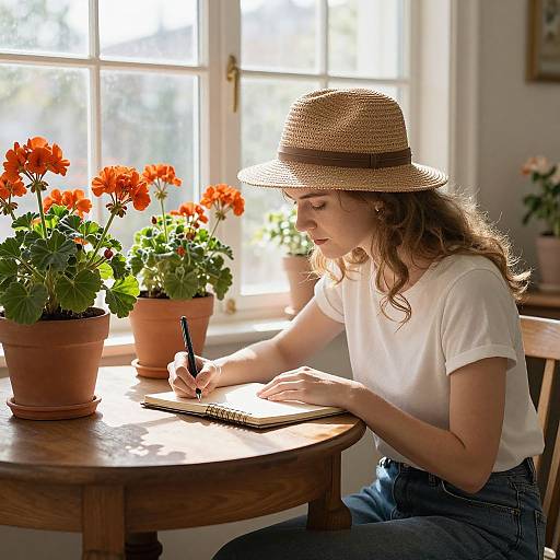 Photograph of a young woman with wavy brown hair, wearing a straw hat and white t-shirt, writing in a notebook by sunlit window,