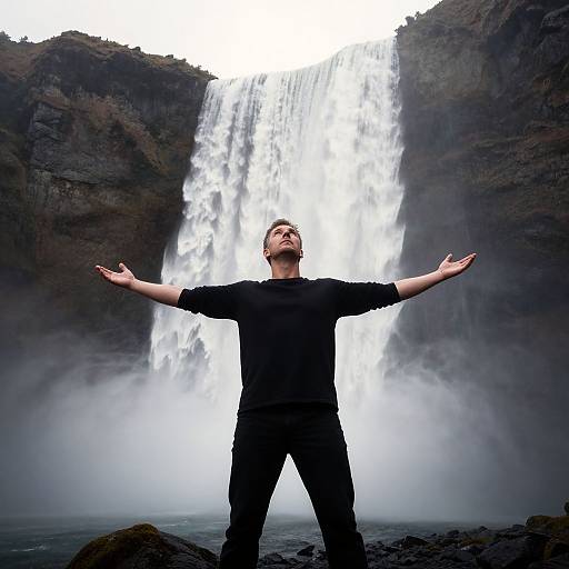 Photograph of a man with short brown hair, black shirt, and pants, standing with arms outstretched in front of a powerful waterfall, surrounded