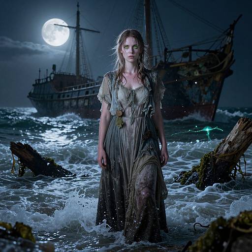 Woman in Tattered Victorian Dress by Shipwreck at Night