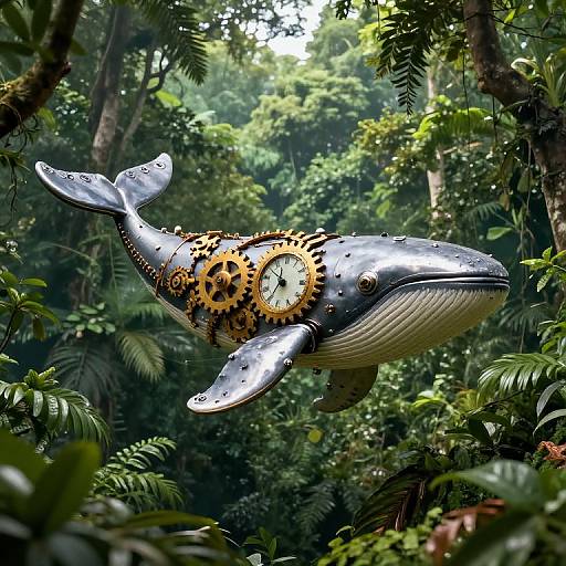 Photograph of a mechanical, clock-faced whale with metallic silver and yellow-gear body, floating in a dense, green jungle.