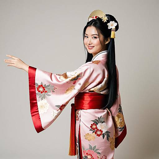 Asian Woman Wearing Traditional Pink Kimono