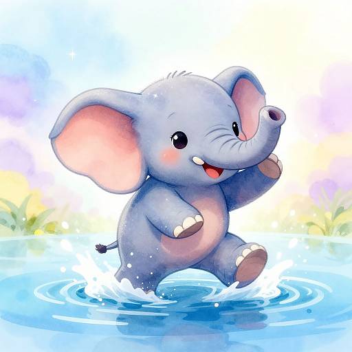 Cute, cartoon-style drawing of a happy, blue-gray baby elephant with pink ears and nose, splashing in a bright blue water puddle.