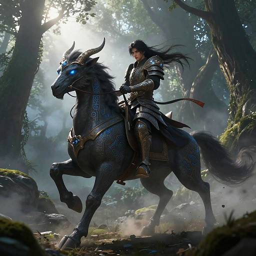 Digital fantasy artwork of a dark-haired warrior in ornate armor riding a glowing blue-eyed, intricately patterned horse through a misty forest.