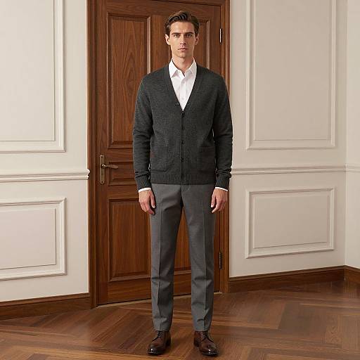 Man in Dark Gray Cardigan Standing Indoors