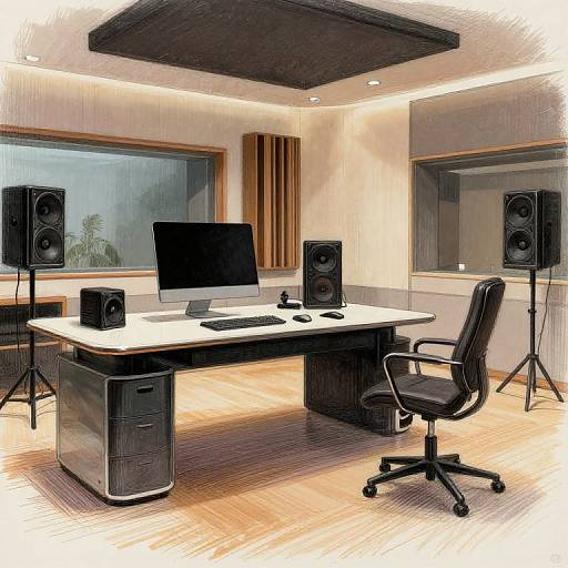 Modern home office photo: sleek white desk with black computer, keyboard, speakers, and chair; three black speakers on stands; wooden floor, large windows
