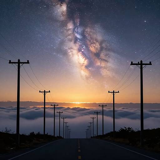 Photograph of a rural road at sunset, with power poles on both sides, leading to a sky filled with the Milky Way.