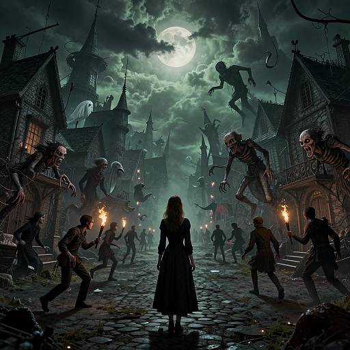 Digital art: Dark, eerie night scene with full moon, zombies in tattered clothes, torches, and a lone woman in black dress facing them