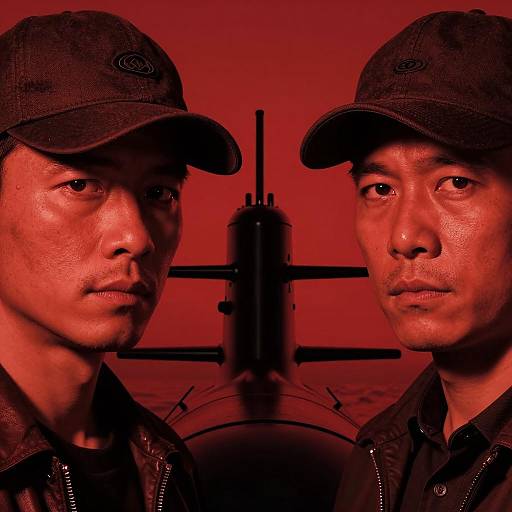 Intense Portrait of Two Asian Men with Submarine Silhouette