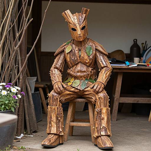 Photograph of a wooden, leaf-adorned, mask-like humanoid statue seated on a stool in a rustic outdoor setting with plants and workshop tools in