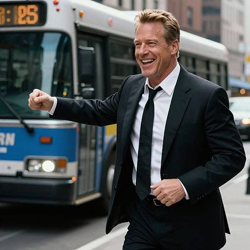 Photograph of a smiling, middle-aged man in a black suit, white shirt, and black tie, jogging past a blue city bus on a busy