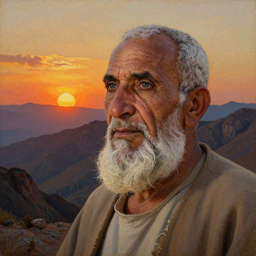 Photograph of an elderly man with a white beard, wearing a beige shirt, against a vivid sunset over mountainous terrain.