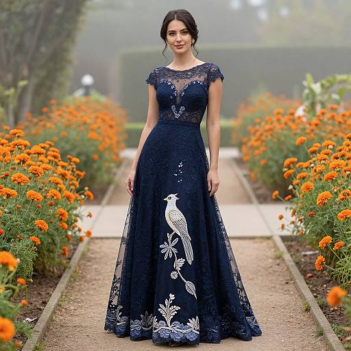 Photograph of a woman with dark hair in a blue lace dress with white bird embroidery, standing in a garden path lined with vibrant orange flowers.