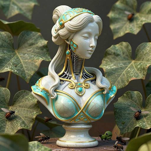 Photograph of a white porcelain bust of an elegant woman with turquoise and gold jewelry, surrounded by green leaves and bees.