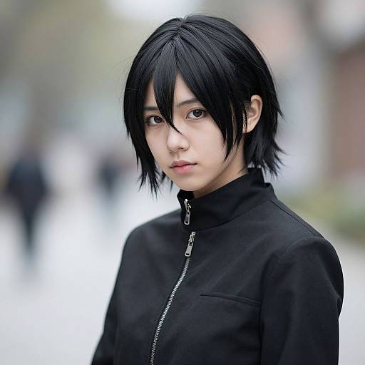 Photograph of an Asian woman with short, black, slightly messy hair, wearing a black zip-up jacket, standing in a blurred urban background.