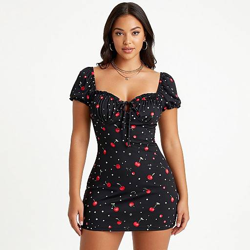 Photograph of a young woman with medium brown skin and long black hair, wearing a black, short-sleeved, cherry-patterned dress and layered