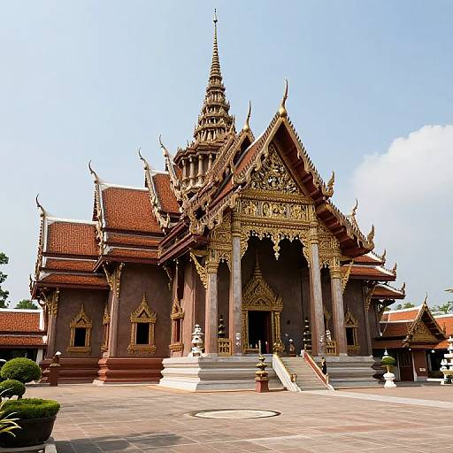 Photograph of an ornate, golden-roofed Thai temple with intricate carvings, red-tiled eaves, and a central spire
