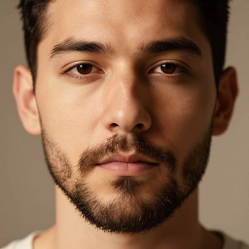 Photorealistic digital portrait of a young man with olive skin, dark brown eyes, short black hair, and a neatly trimmed beard, against a neutral