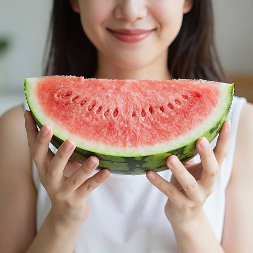 Photograph of an Asian woman with dark hair, smiling, holding a large, juicy slice of watermelon with bright red flesh and black seeds, wearing