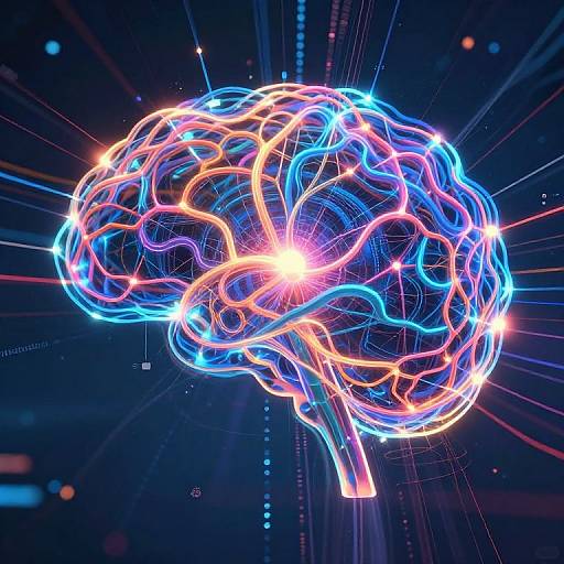Digital artwork of a glowing, neon-lit human brain with blue and orange lines, radiating bright lights against a dark, technological background.
