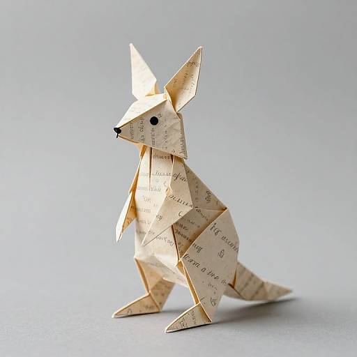 Photograph of an intricately folded origami fox made from aged, beige paper with printed text, standing against a plain, light grey background.