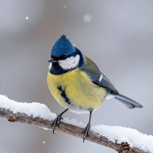 Photograph of a vibrant blue tit with yellow belly and black-white head, perched on a snow-covered branch against a blurred, wintry background.