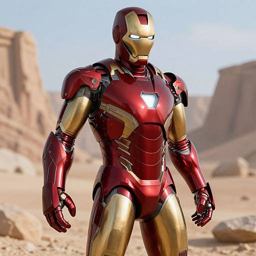 Photorealistic CGI of Iron Man in red and gold armor standing in a desert with rocky cliffs in the background.