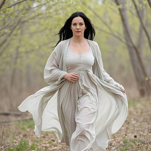 Photograph of a black-haired woman with fair skin, wearing a flowing white dress and light beige cardigan, walking through a serene, leafy forest