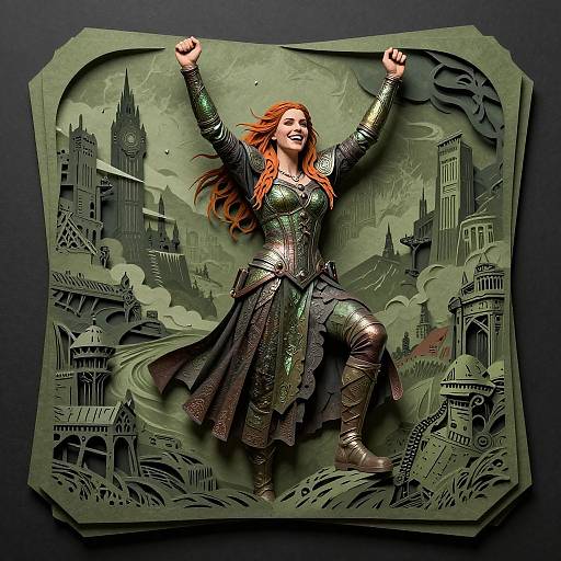 Digital art: Vibrant redhead warrior with flowing hair, armored in green and gold, joyfully raises arms in medieval fantasy cityscape backdrop.