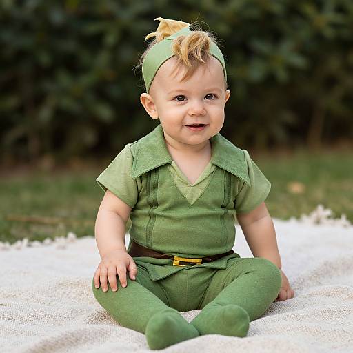 Photograph of a cute, smiling baby boy with light blonde hair, wearing a green Peter Pan outfit with a headband, sitting on a white blanket