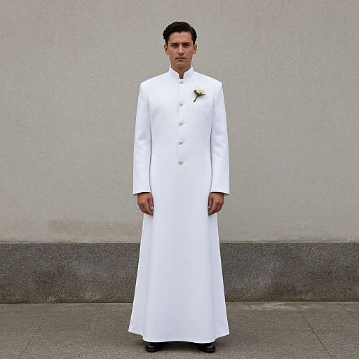 Photograph of a serious-looking man in a long, white, double-breasted coat with a white flower on the left lapel, standing against a