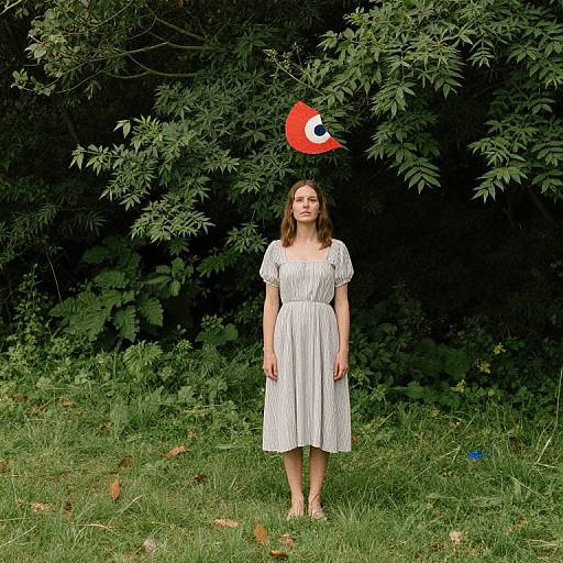 Photograph of a young woman in a white striped dress standing on grass, with a red bird-shaped object hovering above her head, surrounded by lush green