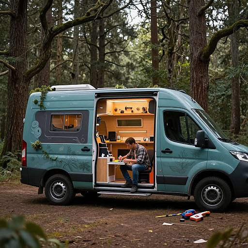 Man Crafting Teal Camper Van in Forest