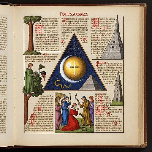 Medieval illuminated manuscript page with triangular celestial diagram, sun and cross, saints, church, tree, and text in Latin. Vibrant colors, intricate