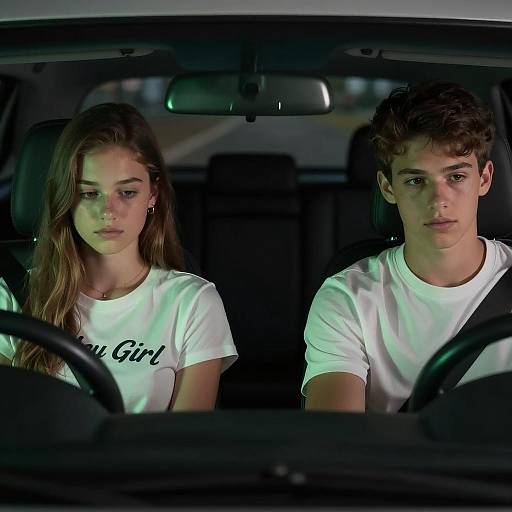 Two Teenagers Sitting in a Car at Night