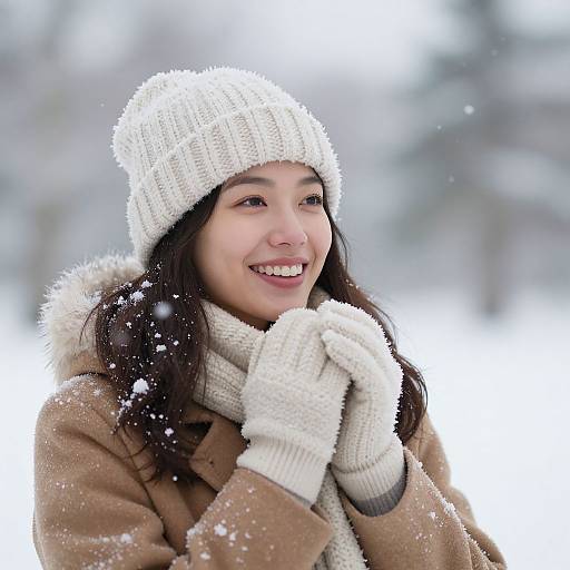 Photograph of a smiling Asian woman in winter attire, wearing a white knit hat, scarf, gloves, and brown coat, with snowflakes falling