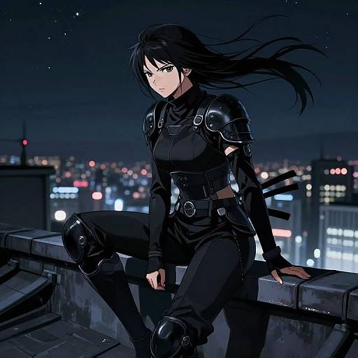 Digital anime-style drawing of a fierce, black-haired woman in dark armor, sitting on a rooftop at night, city lights blurred in the background.