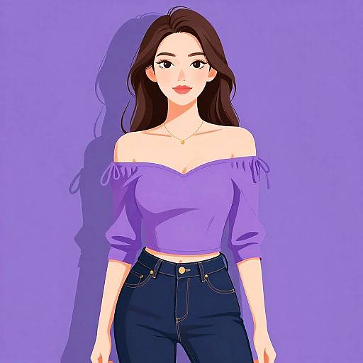 Digital anime-style drawing of a fair-skinned woman with long brown hair, wearing a purple off-shoulder top and dark jeans, against a solid