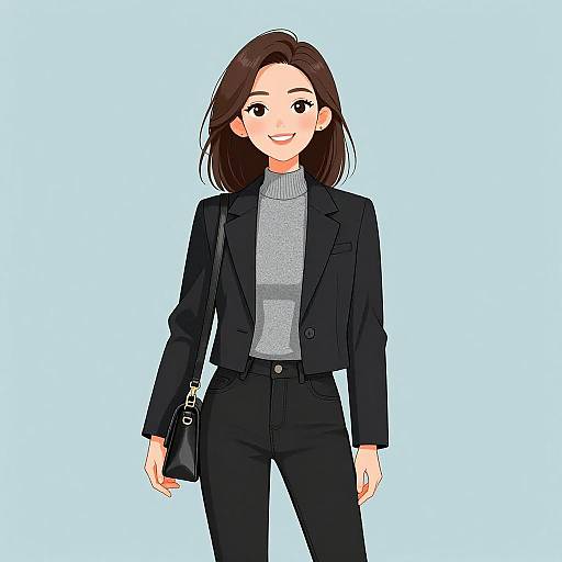 Digital anime-style drawing of a smiling woman with medium-length brown hair, wearing a black blazer, gray turtleneck, and black pants. She