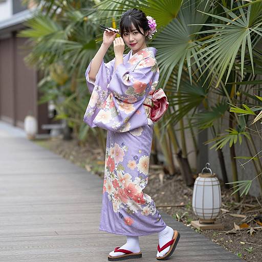 Elegant Asian Woman in Floral Kimono
