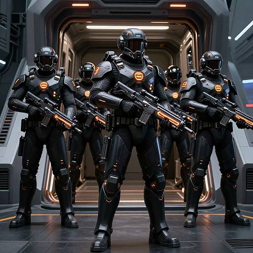 Photograph of four futuristic, armored soldiers in black with orange accents, standing in a sci-fi corridor, holding glowing rifles.