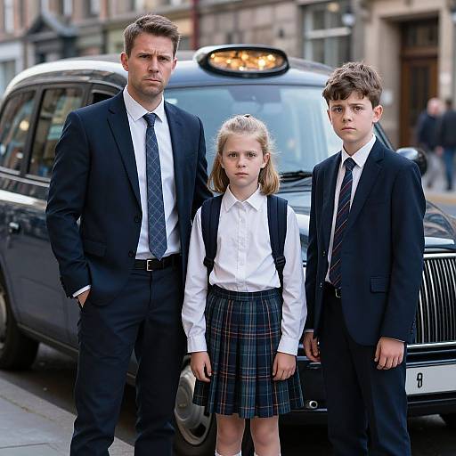 Photograph of a family: father, son, and daughter in matching black suits and ties, white shirts, plaid skirts, standing in front of