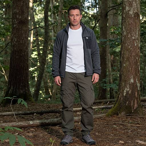 Photograph of a Caucasian man with short dark hair, wearing a black plaid jacket, white t-shirt, and gray cargo pants, standing in a