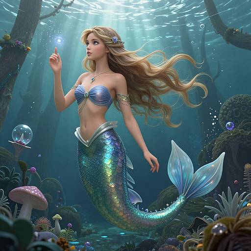 Digital artwork of a beautiful, blonde mermaid with a shimmering blue-green tail, seashell bra, and flower crown, floating in a sun