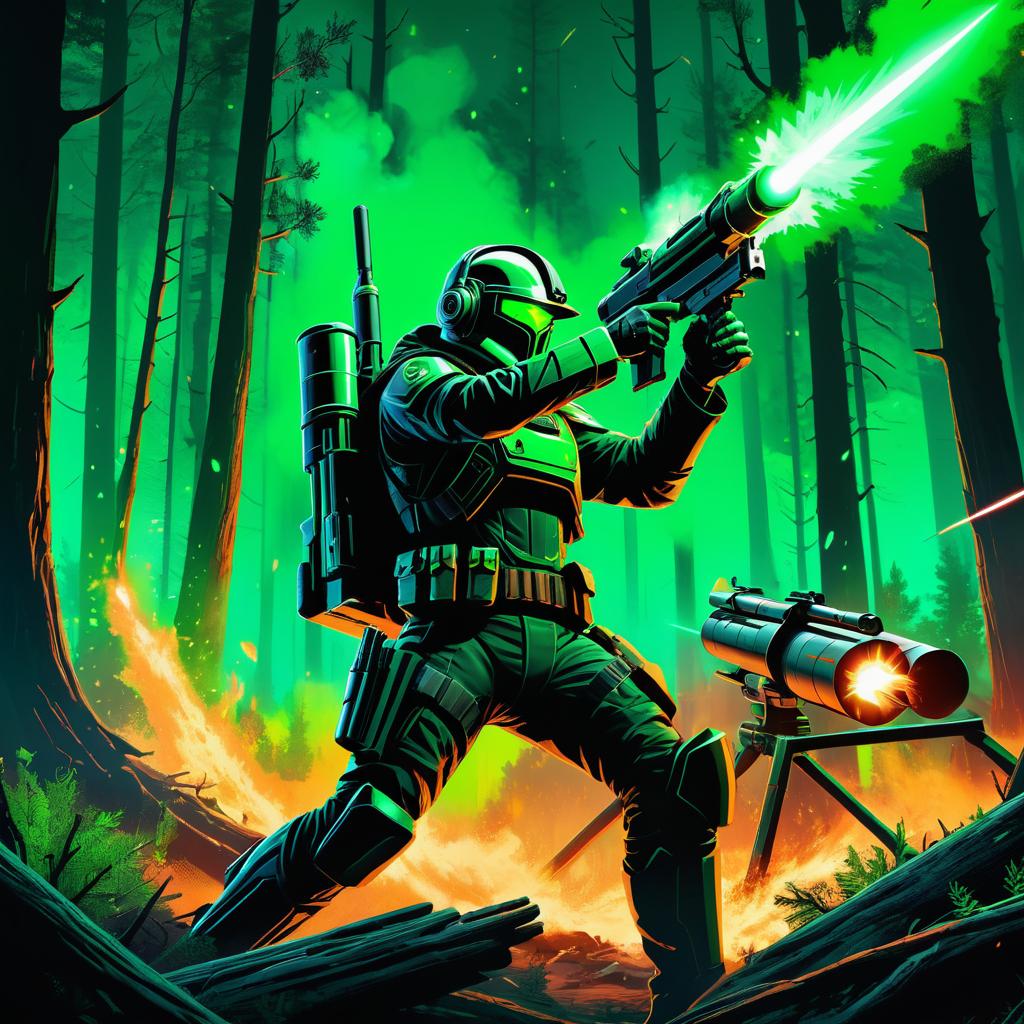 Futuristic Bounty Hunter in Burnt Forest