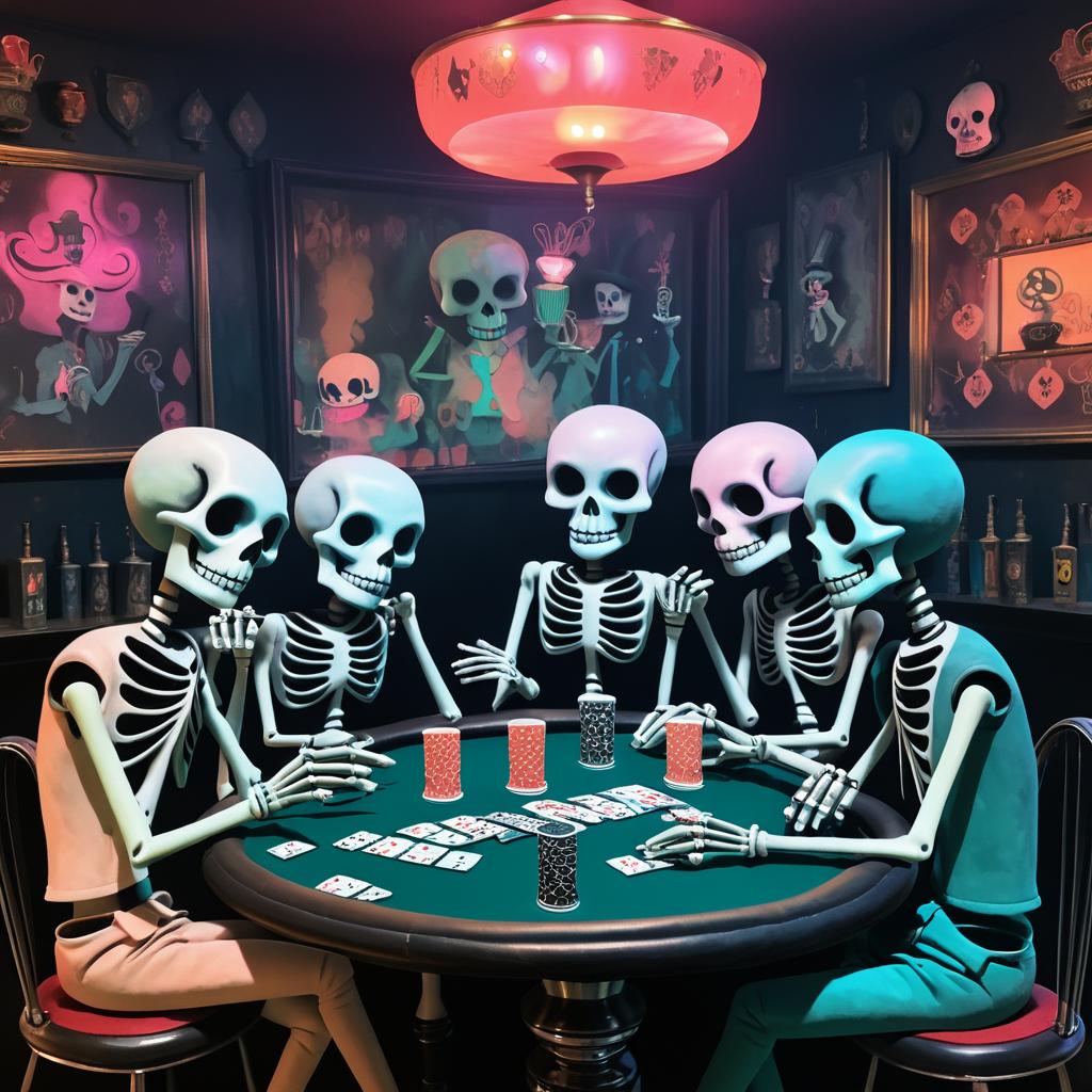 Skeletons Enjoying Poker in Vintage Bar