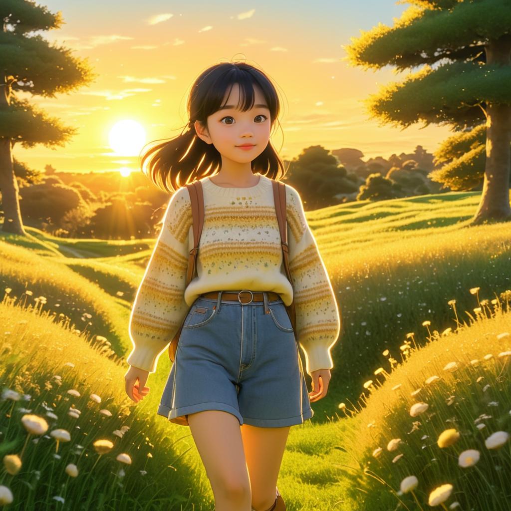 Joyful Girl in Enchanting Meadow at Sunset