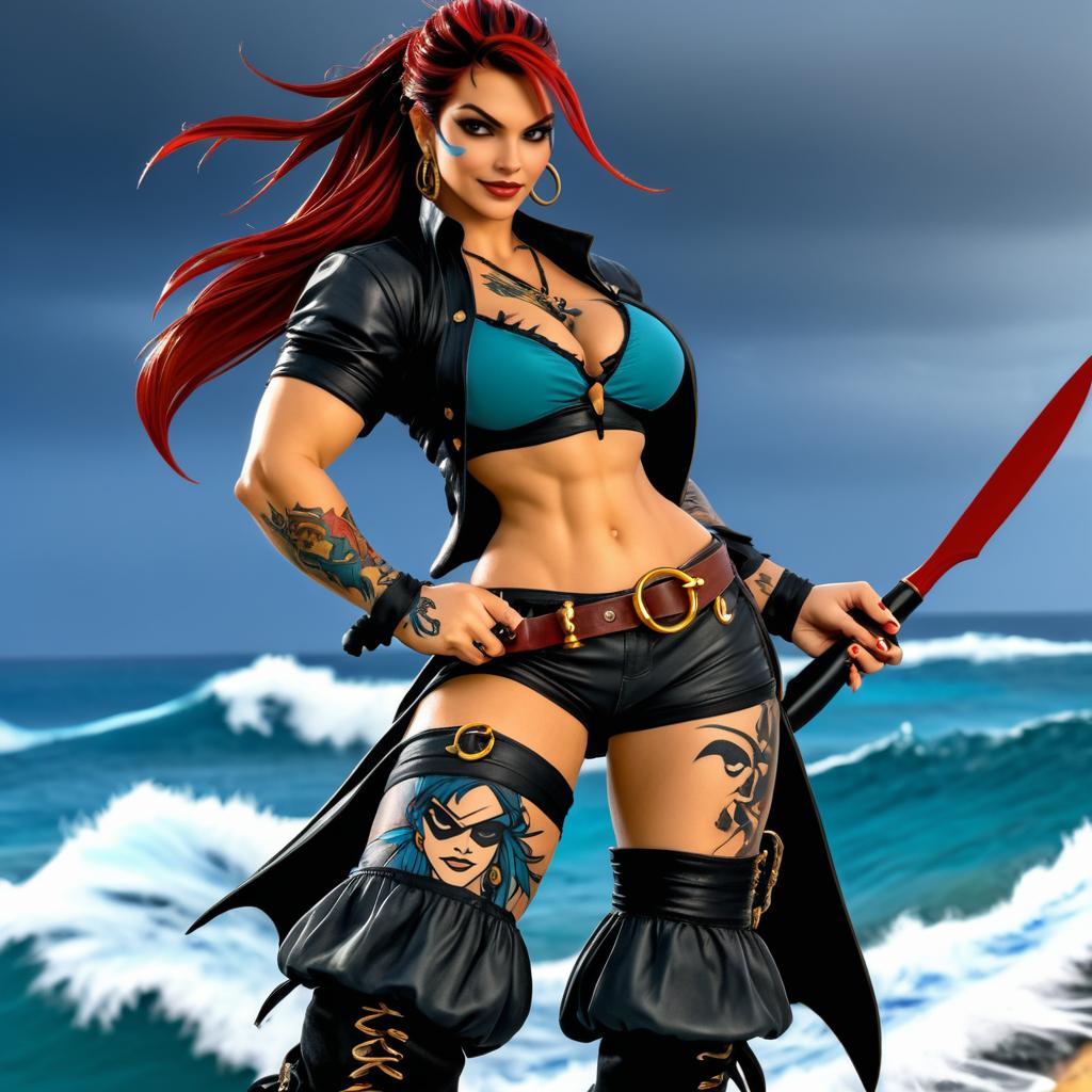 Caucasian Pirate Woman in Stormy Sea