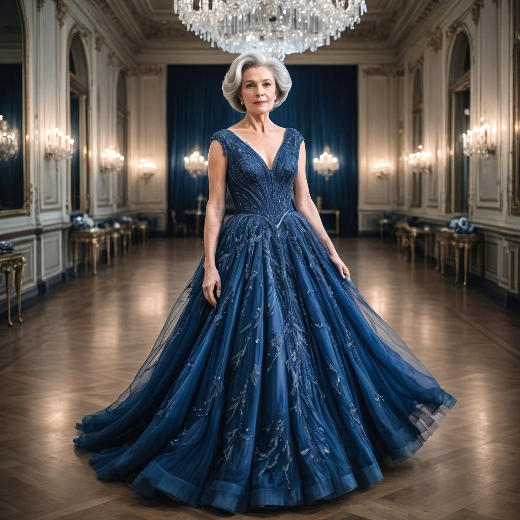 Elegant Woman in Sapphire Tulle Gown